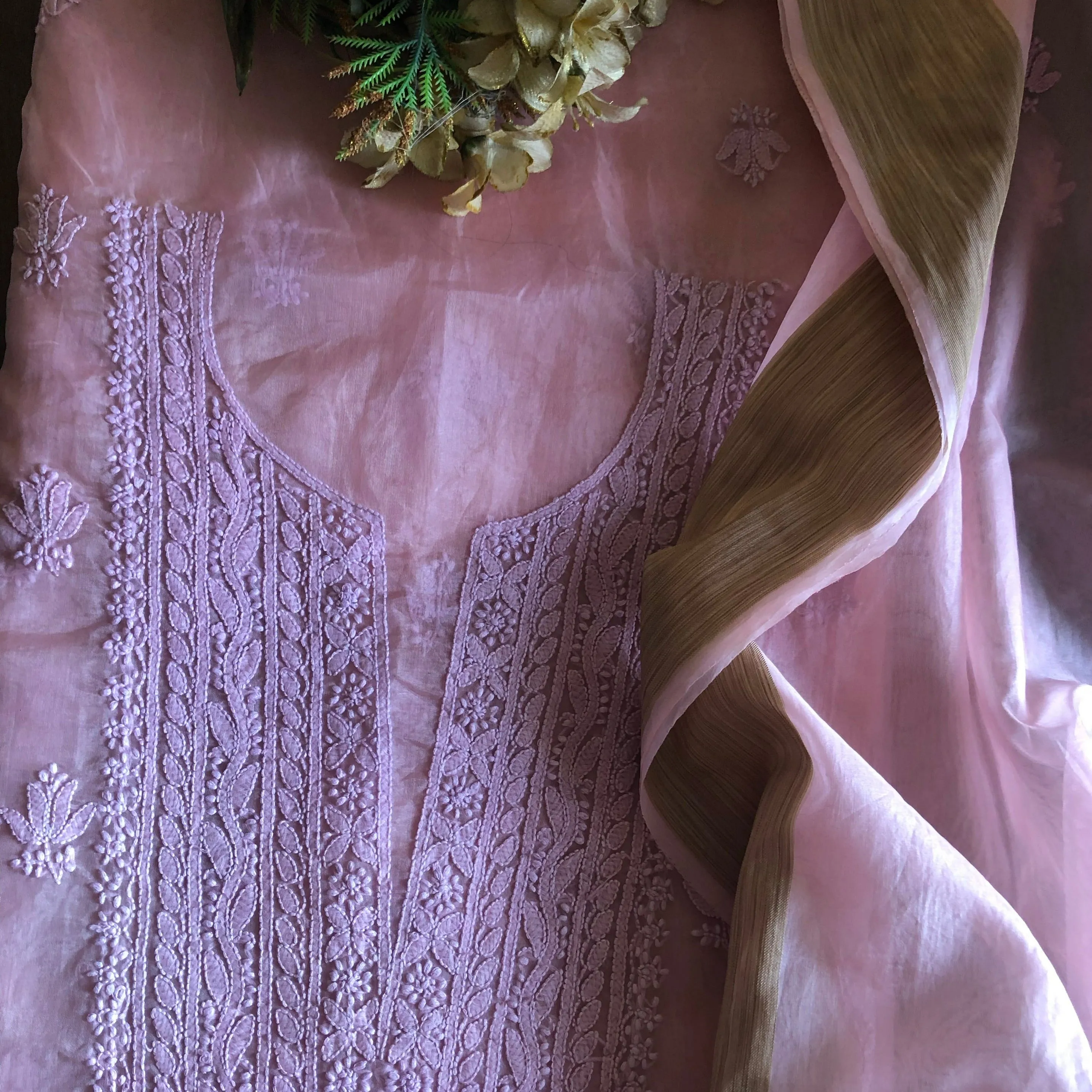 Mauve Pink Organza Chikankari Salwar Suit Fabric only