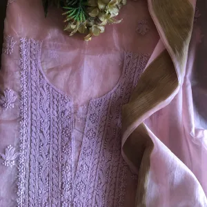 Mauve Pink Organza Chikankari Salwar Suit Fabric only