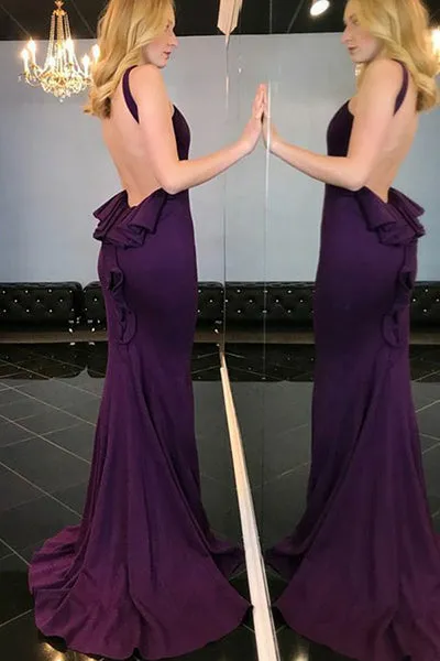 Memraid Crew Sweep Train Grape Satin Backless Sleeveless Prom Dress with Ruffles C013