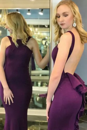 Memraid Crew Sweep Train Grape Satin Backless Sleeveless Prom Dress with Ruffles C013