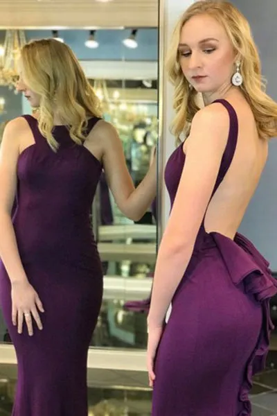 Memraid Crew Sweep Train Grape Satin Backless Sleeveless Prom Dress with Ruffles C013