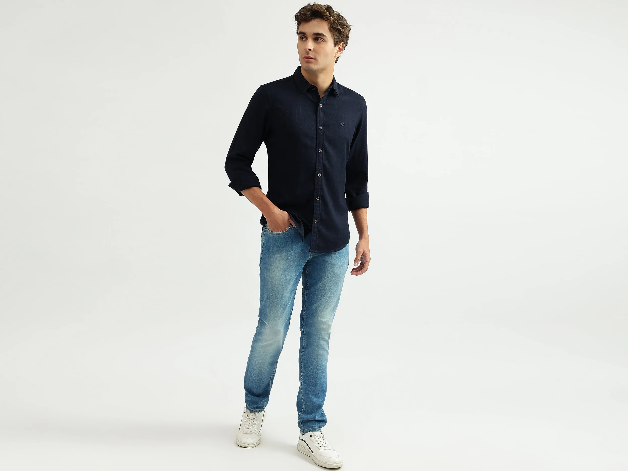 Men Checked Spread Collar Shirt