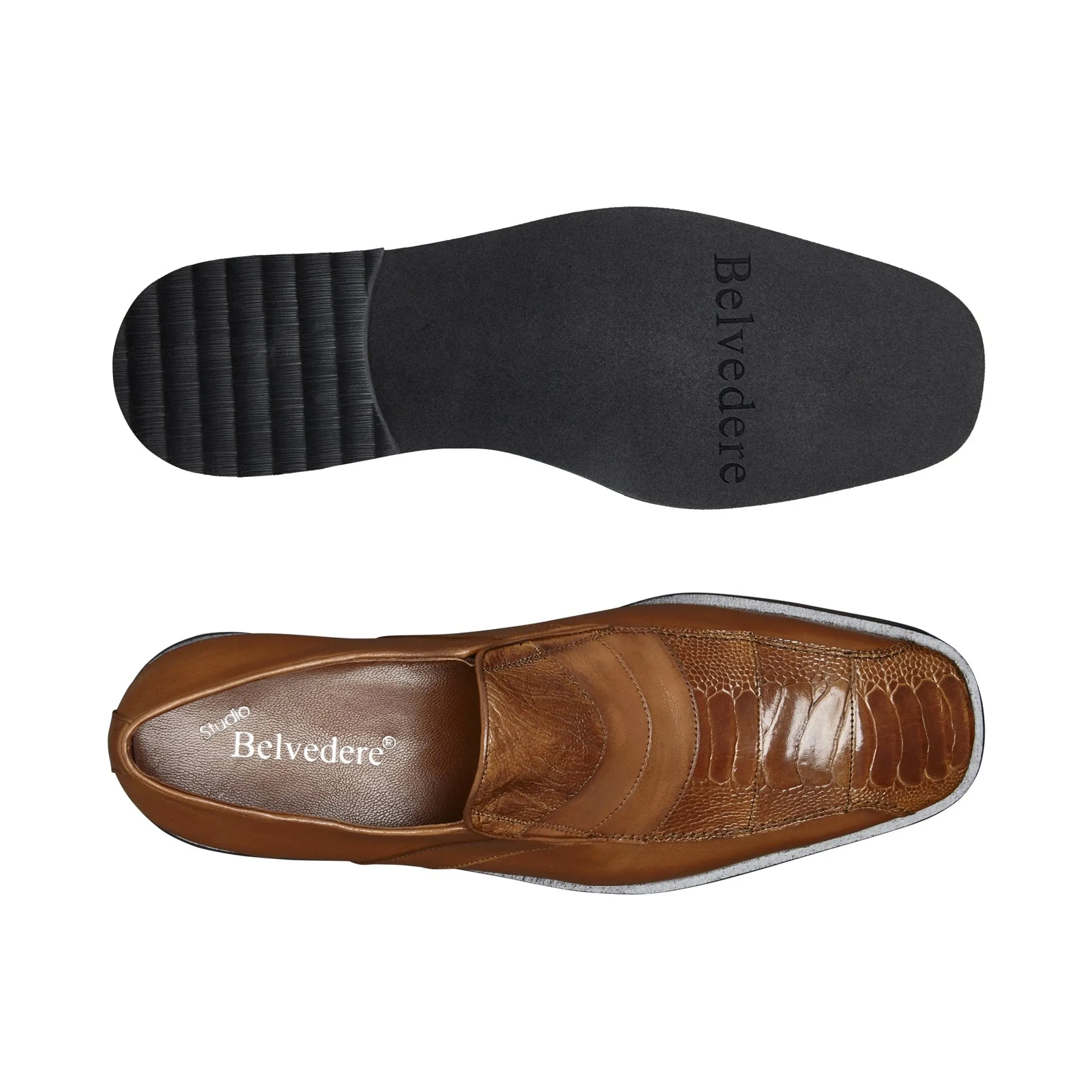 Mens Belvedere Gavino Calf & Ostrich Dress Loafer in Tan