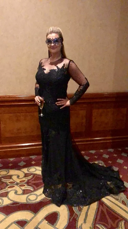 Mermaid Black Lace Best Prom Dresses Long Sleeve Elegant Evening Dresses
