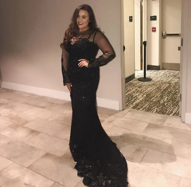 Mermaid Black Lace Best Prom Dresses Long Sleeve Elegant Evening Dresses
