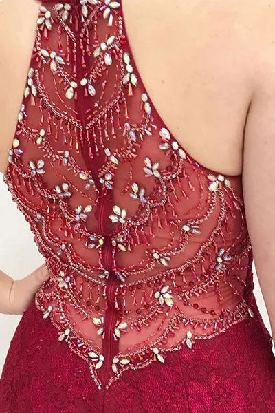 Mermaid Deep V-Neck Sweep Train Dark Red Lace Sleeveless Prom Dress with Beading C004