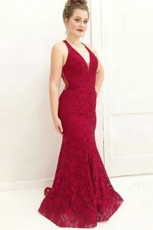 Mermaid Deep V-Neck Sweep Train Dark Red Lace Sleeveless Prom Dress with Beading C004