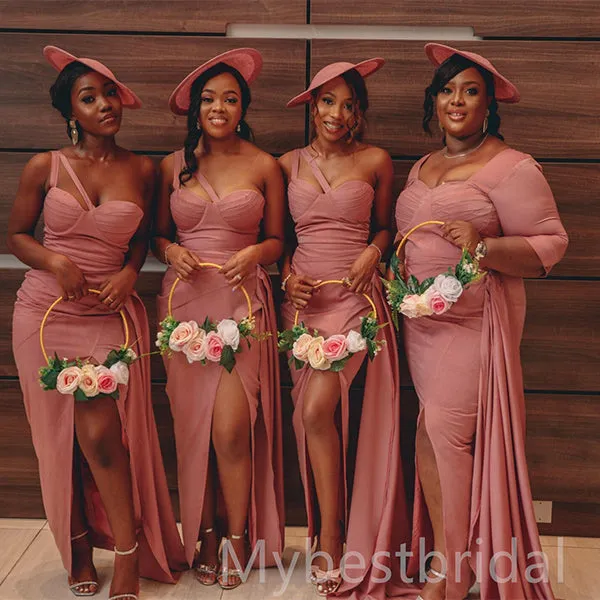 Mismatched One-shoulder Side slit Mermaid Elegant Simple Pretty Long Bridesmaid Dresses, BDS0250