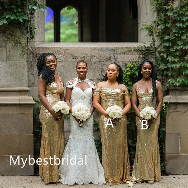 Mismatched Spaghetti straps Off-shoulder Elegant Simple Long Bridesmaid Dressess, BDS0268