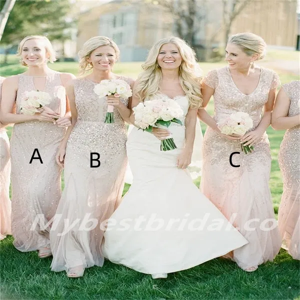 Mismatched V-neck Sequin Mermaid Sleeveless Elegant Simple Long Bridesmaid Dresses,BDS0194
