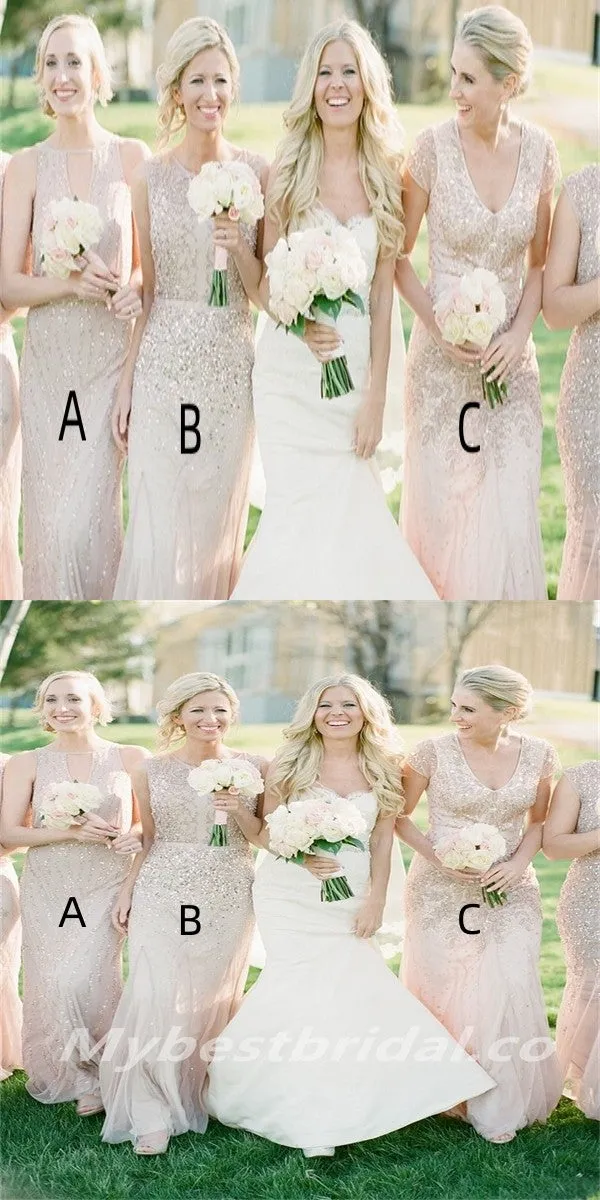 Mismatched V-neck Sequin Mermaid Sleeveless Elegant Simple Long Bridesmaid Dresses,BDS0194