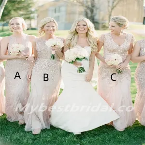 Mismatched V-neck Sequin Mermaid Sleeveless Elegant Simple Long Bridesmaid Dresses,BDS0194