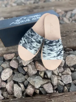 Nadia Hair on Hide Slip On Sandals in Salt and Pepper by Agave Sky
