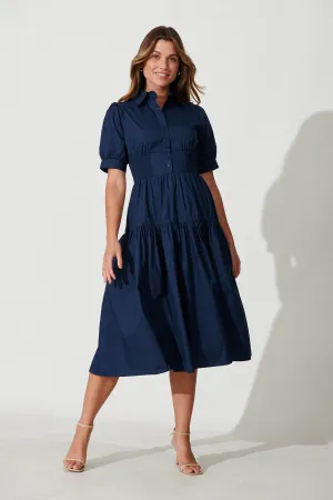 Navy Cotton Midi Shirt Dress - Fairfax Style