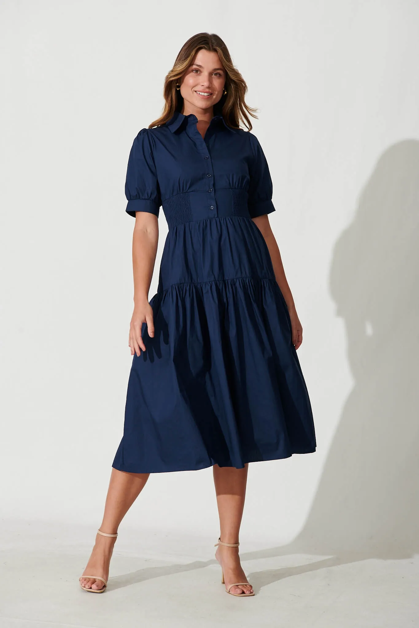 Navy Cotton Midi Shirt Dress - Fairfax Style