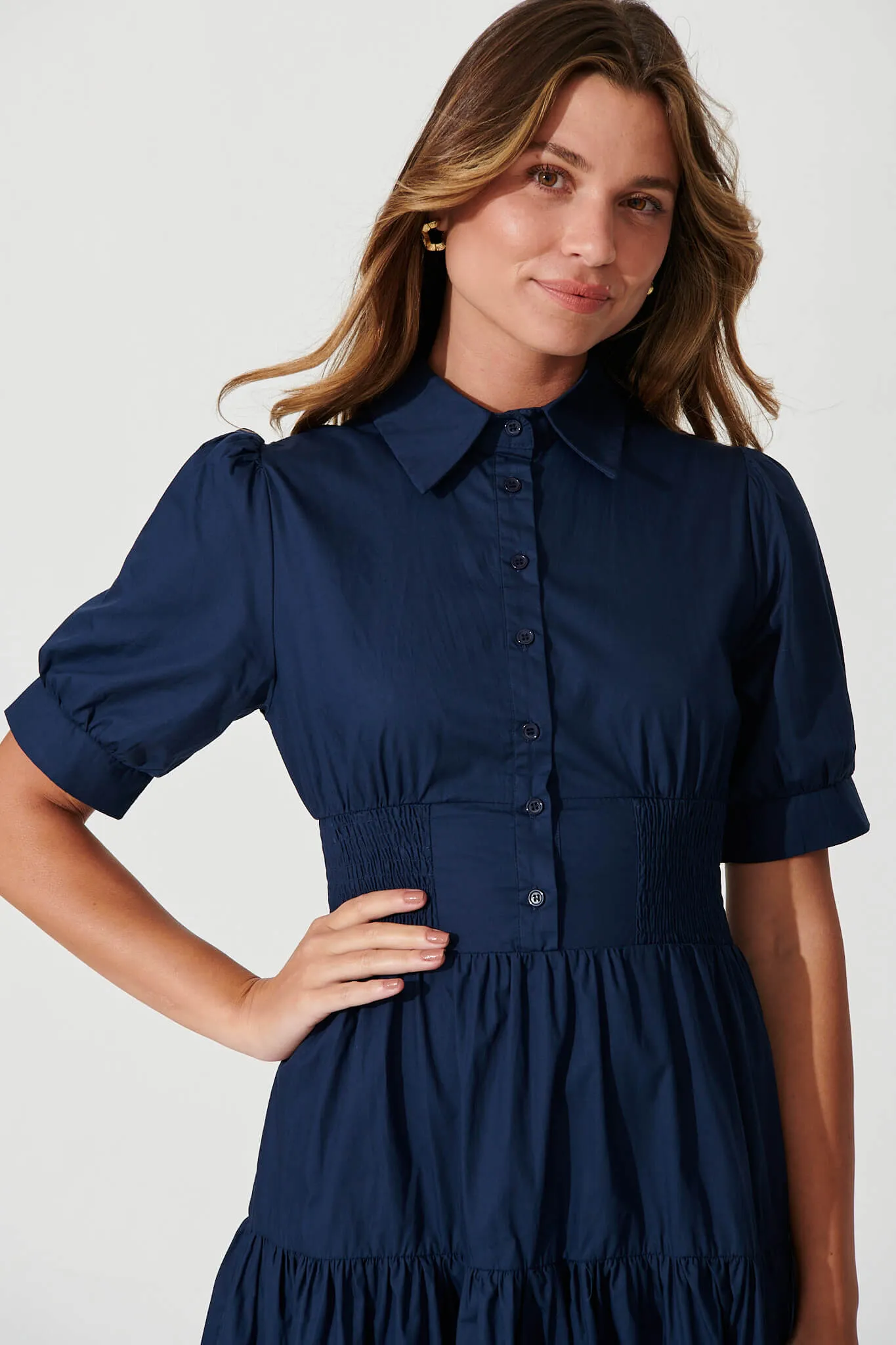 Navy Cotton Midi Shirt Dress - Fairfax Style