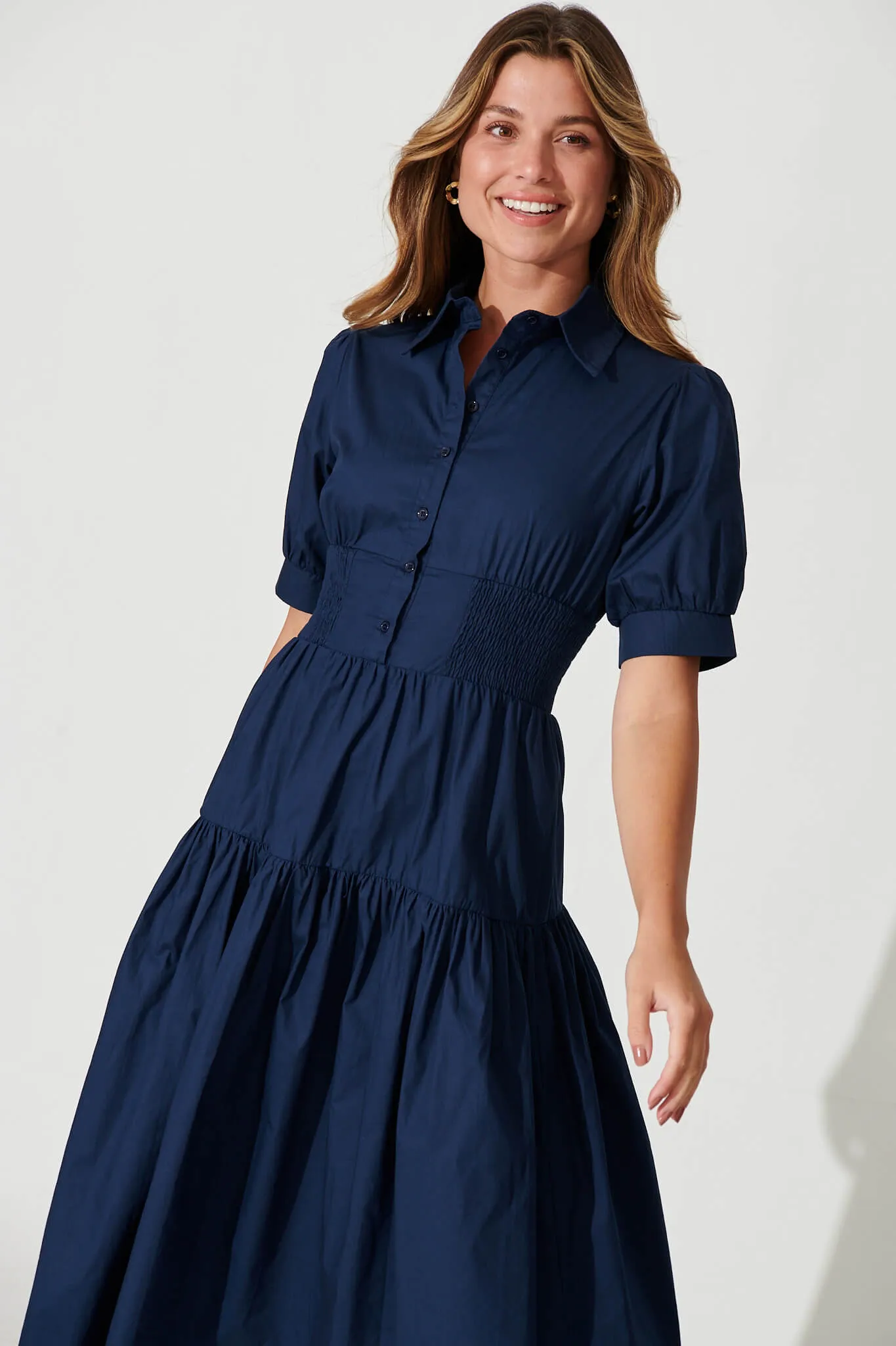 Navy Cotton Midi Shirt Dress - Fairfax Style