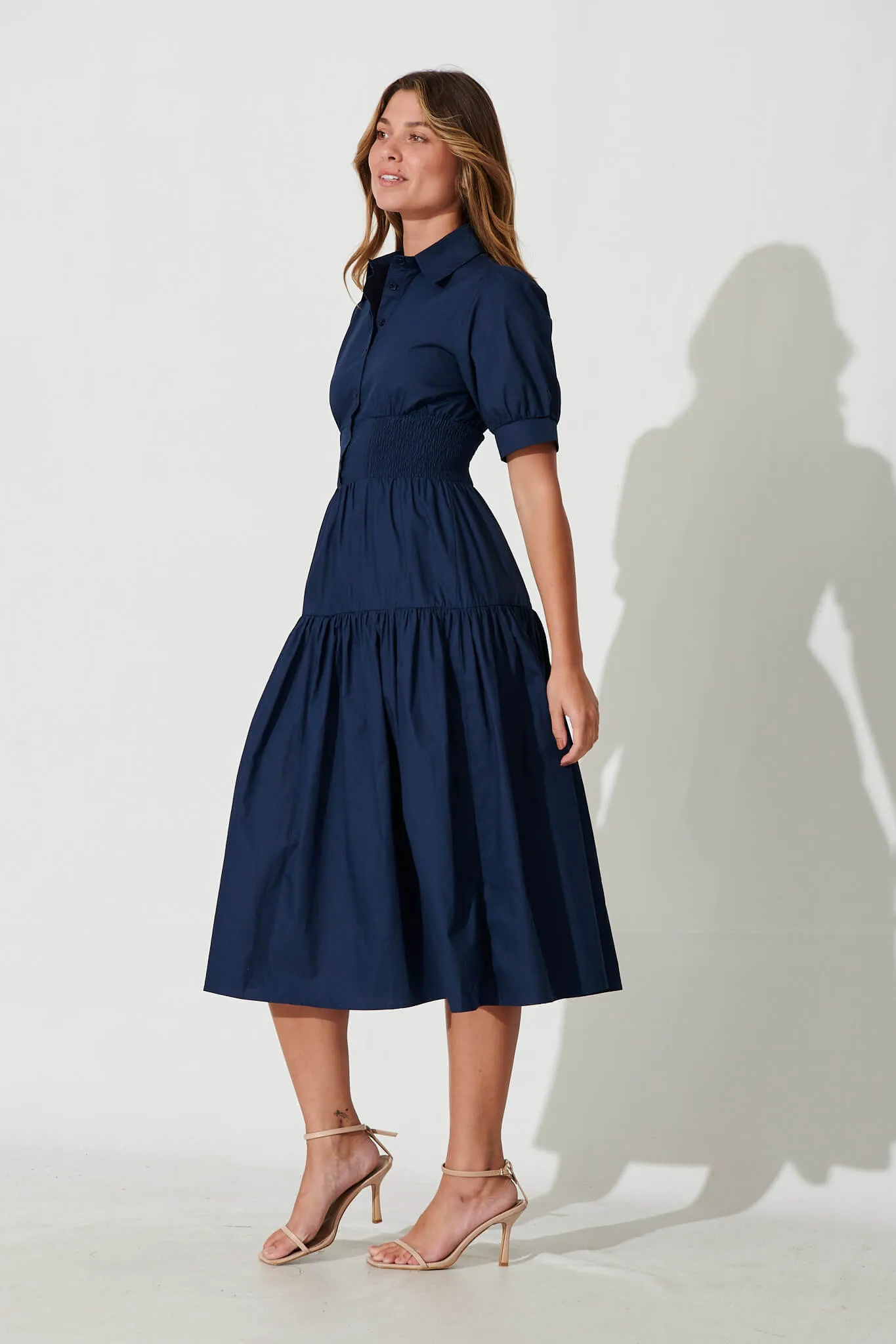 Navy Cotton Midi Shirt Dress - Fairfax Style