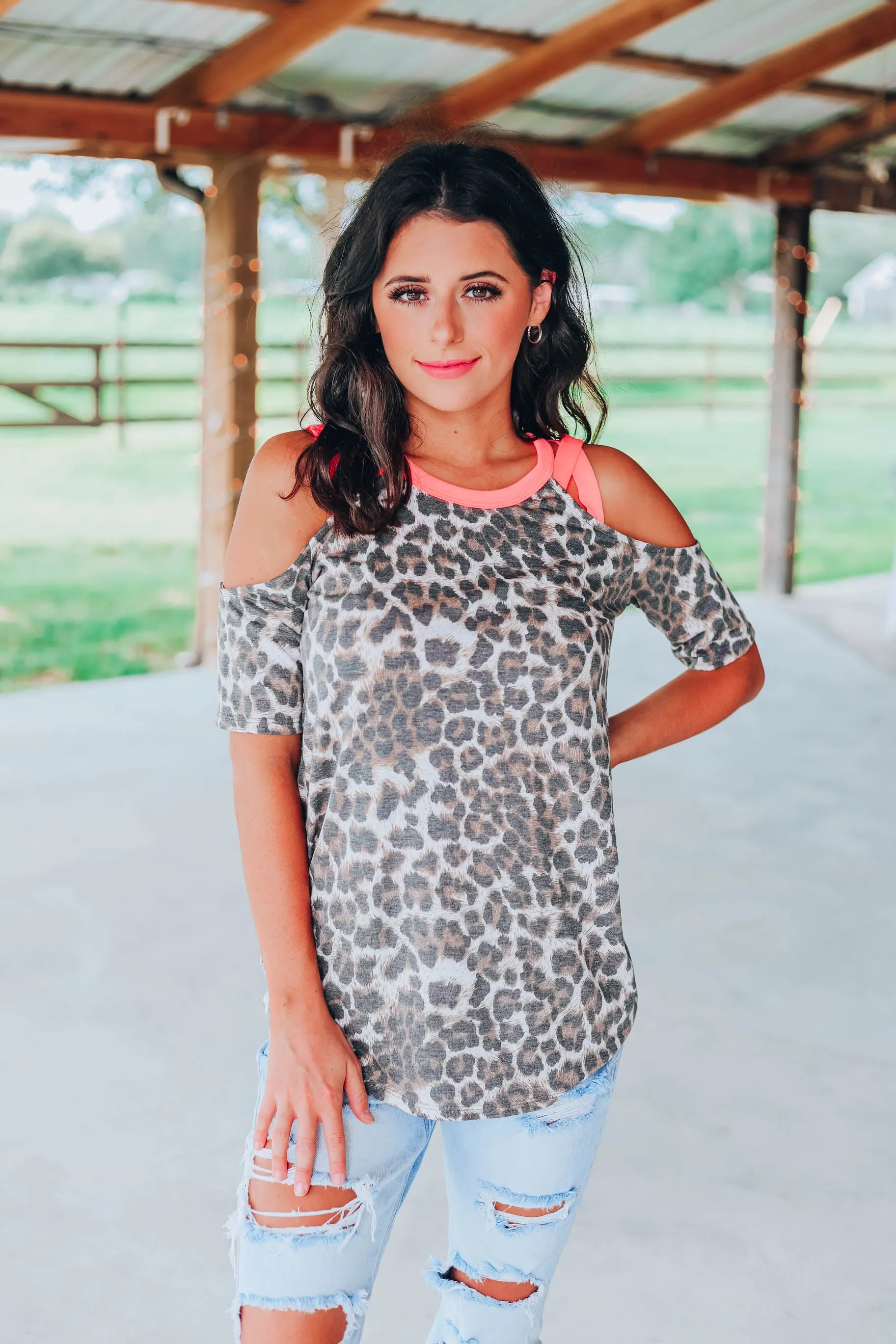 Neon Leopard Cold Shoulder Top