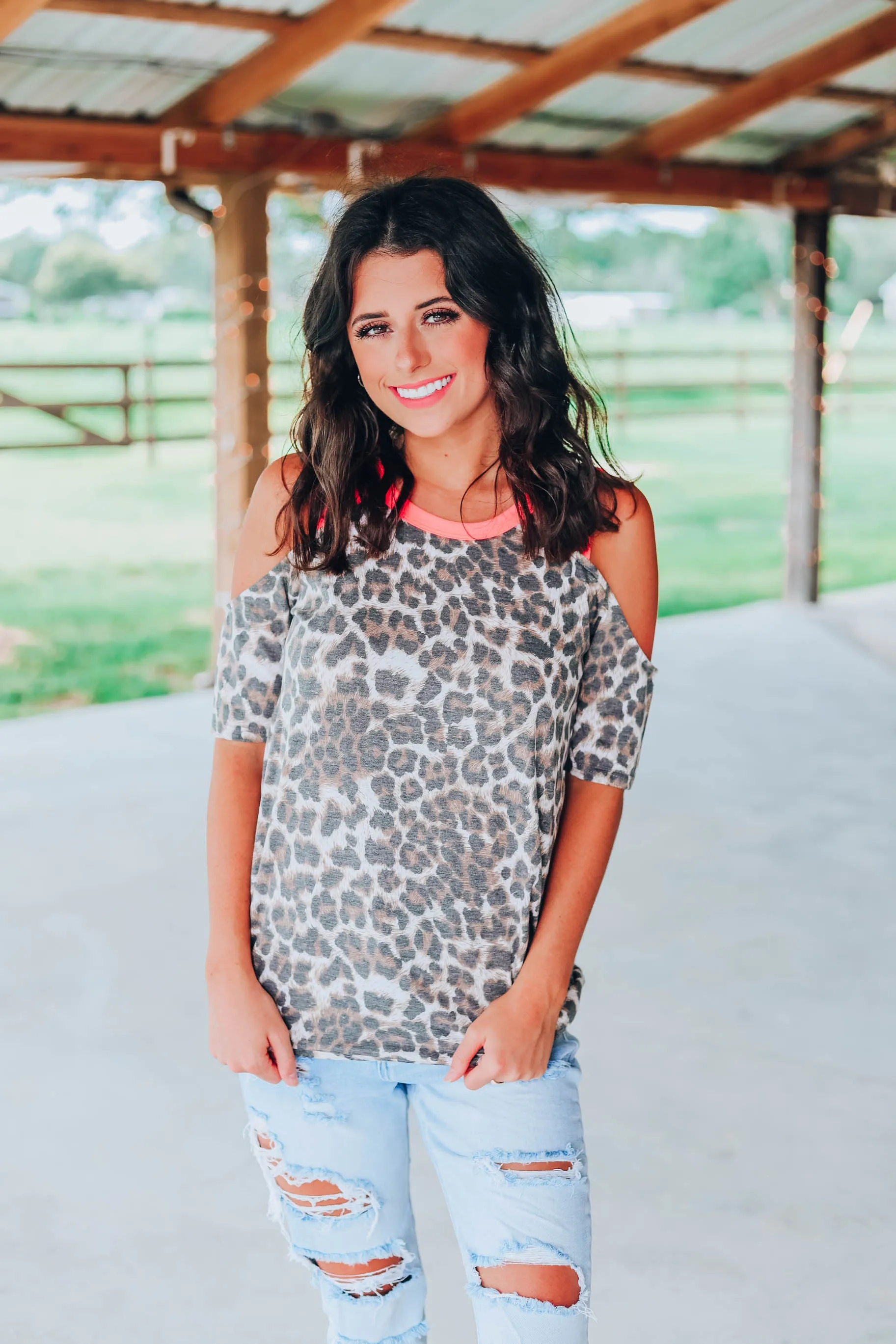Neon Leopard Cold Shoulder Top
