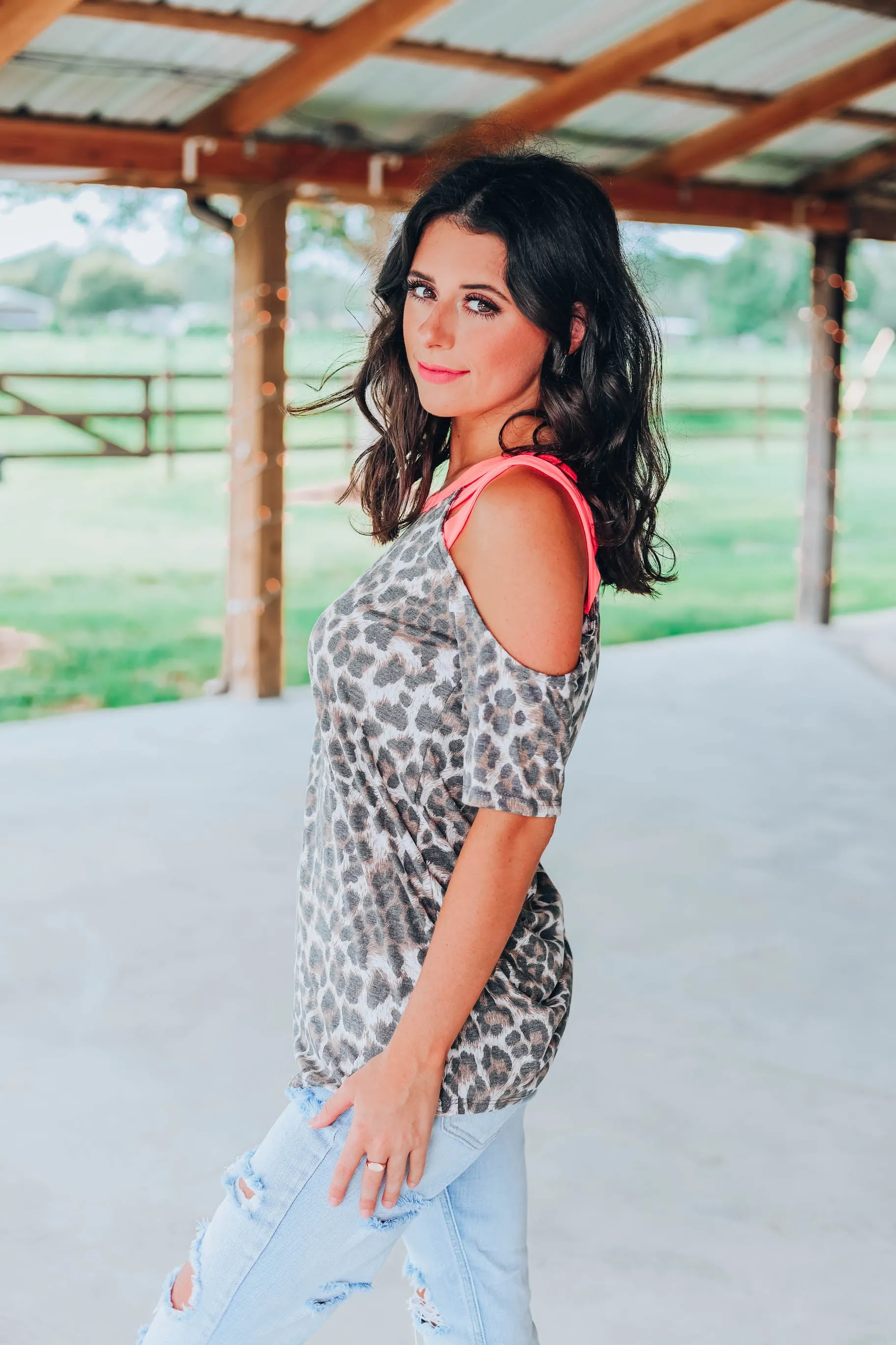 Neon Leopard Cold Shoulder Top