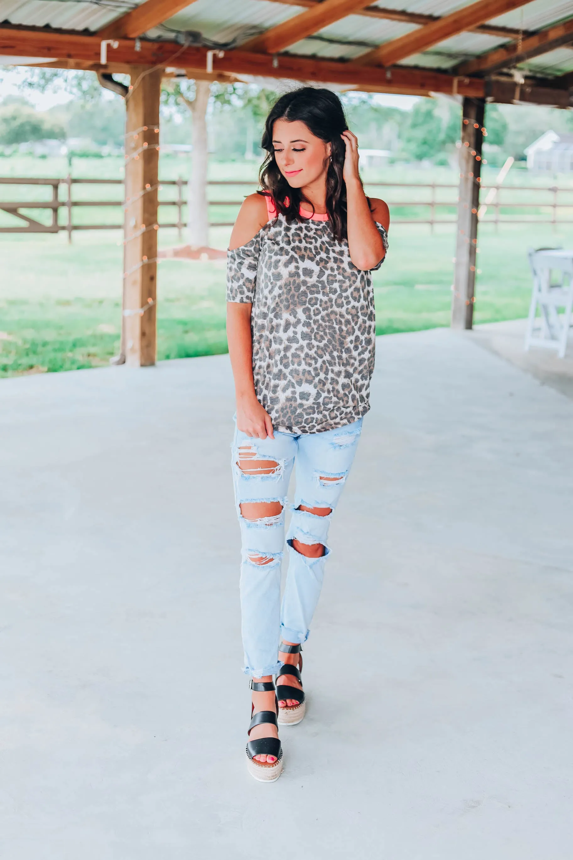 Neon Leopard Cold Shoulder Top