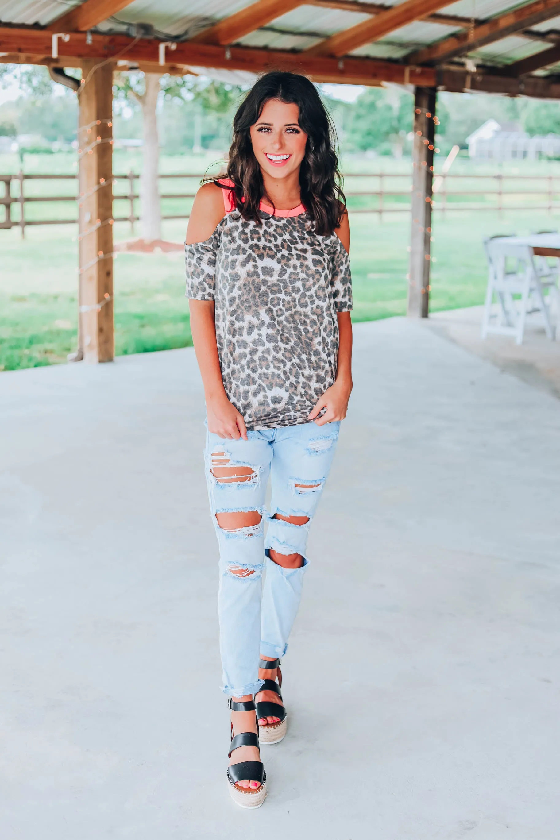 Neon Leopard Cold Shoulder Top