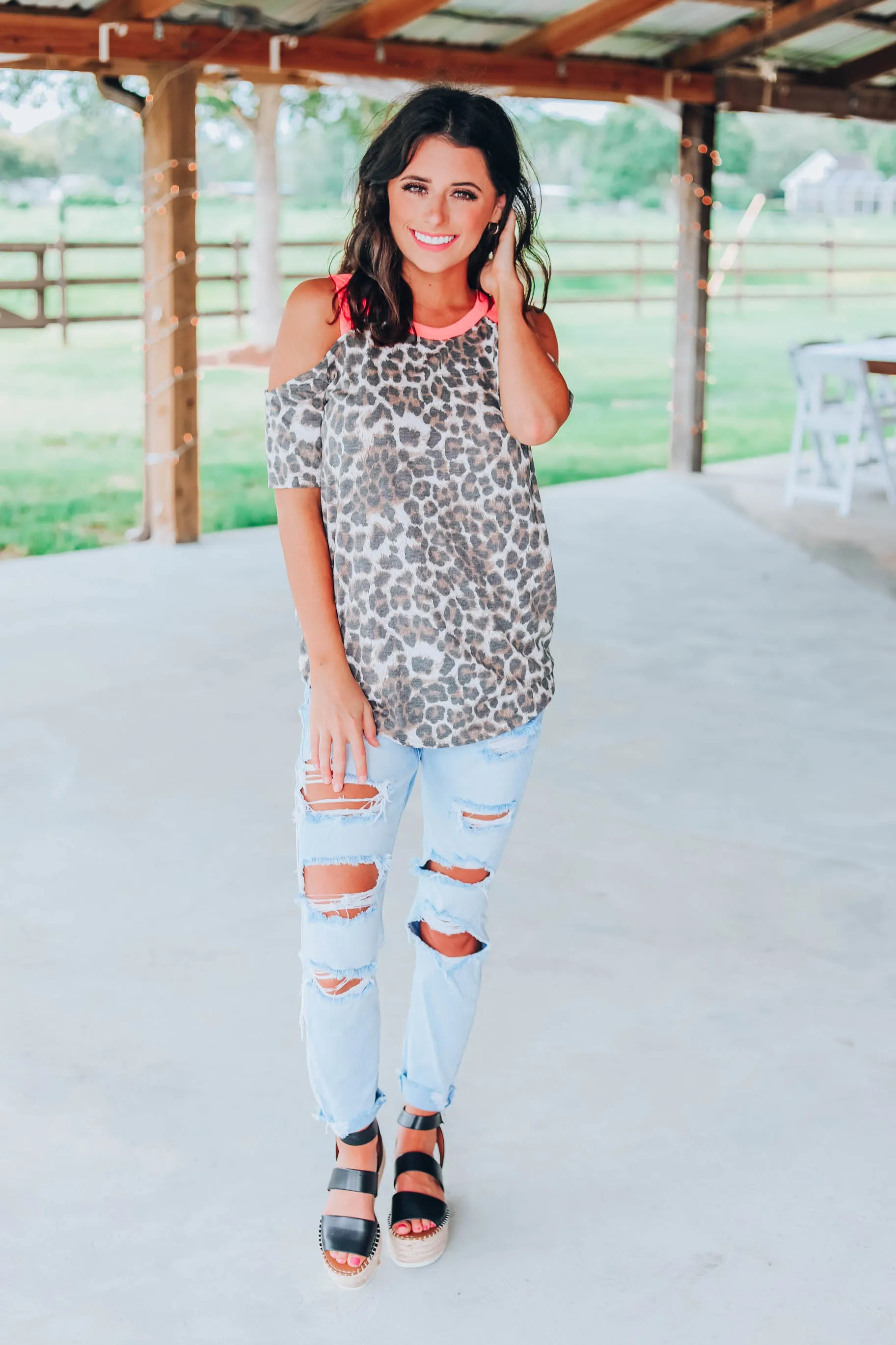 Neon Leopard Cold Shoulder Top