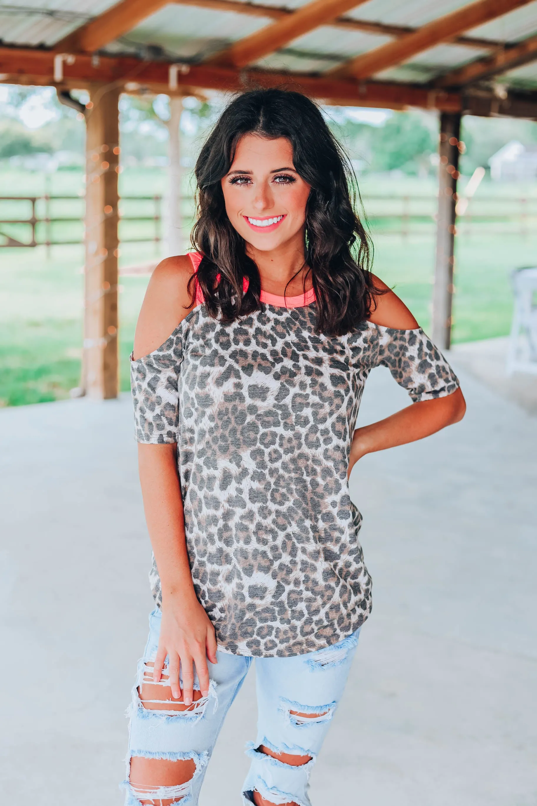 Neon Leopard Cold Shoulder Top