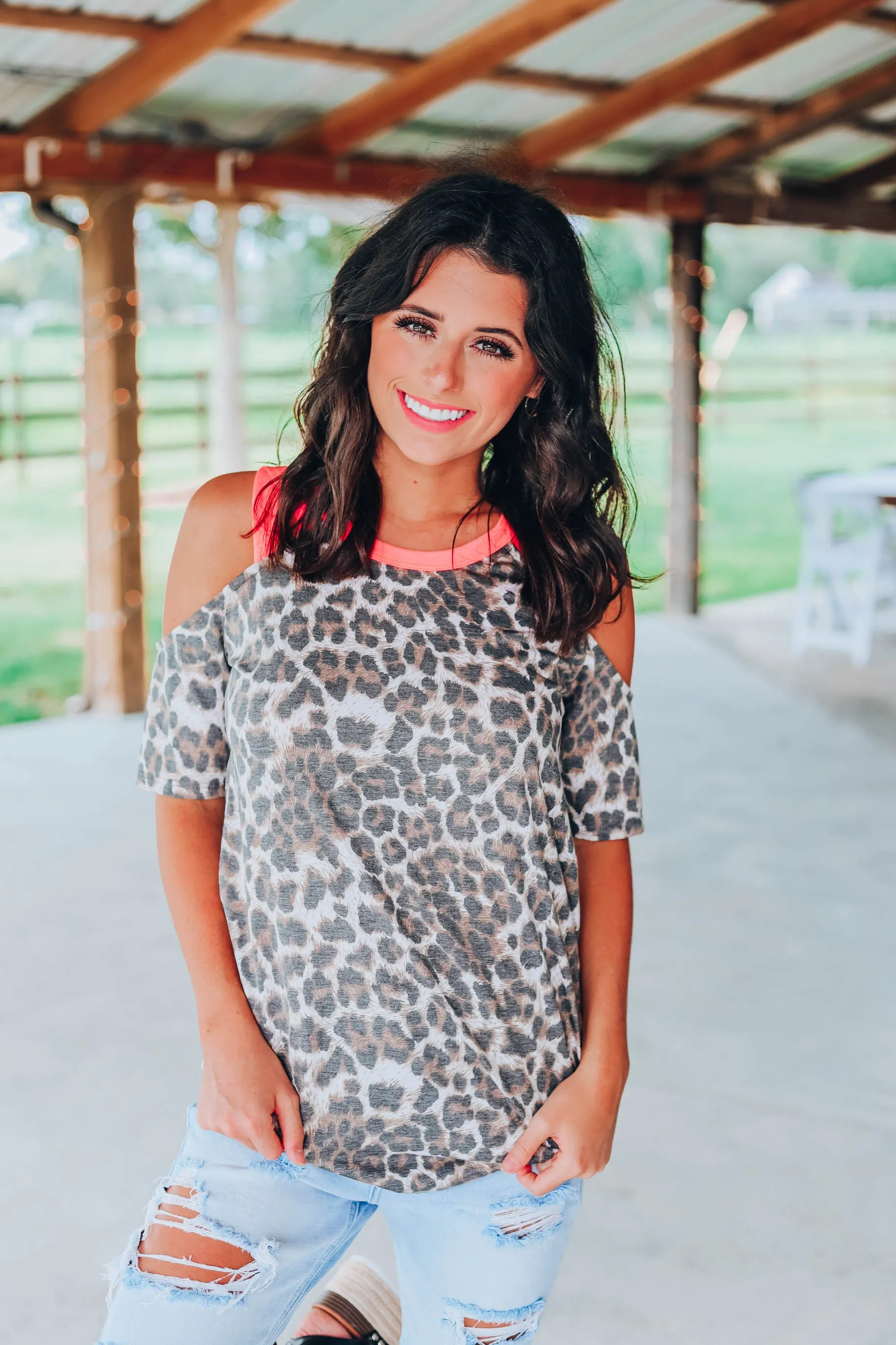 Neon Leopard Cold Shoulder Top