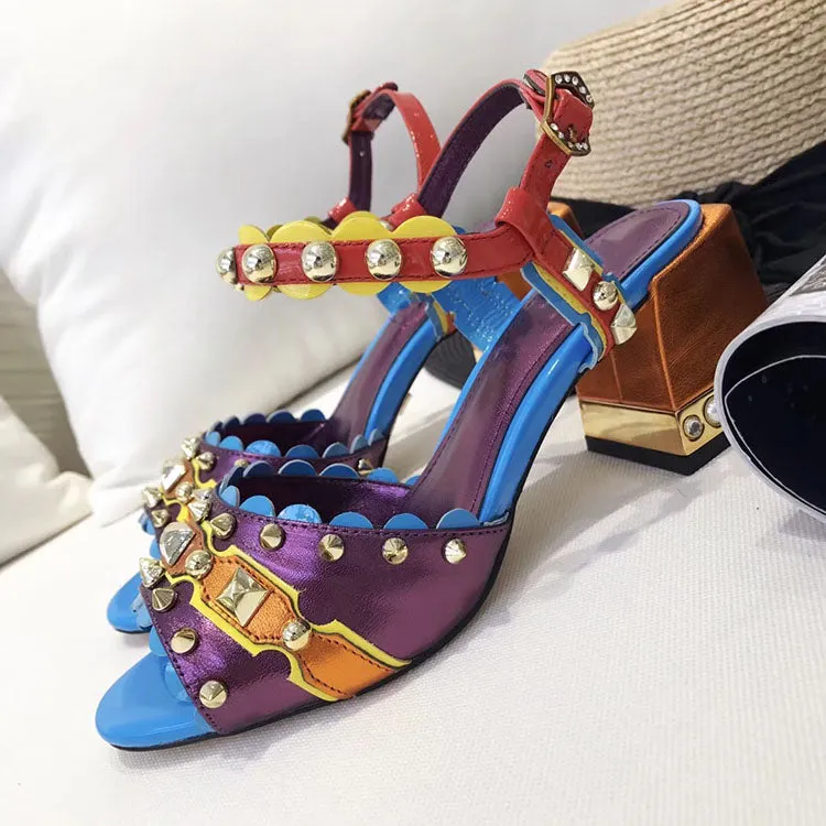 New Purple Designer Women Chunky High Heels Sandals Rivets Wedding Shoes Woman Comfortable Summer Genuine Leather Dress Shoes