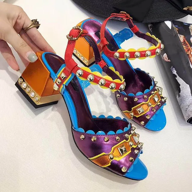 New Purple Designer Women Chunky High Heels Sandals Rivets Wedding Shoes Woman Comfortable Summer Genuine Leather Dress Shoes