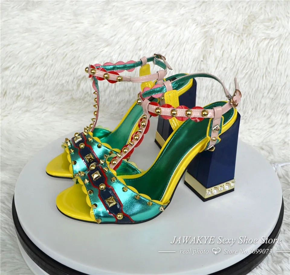 New Purple Designer Women Chunky High Heels Sandals Rivets Wedding Shoes Woman Comfortable Summer Genuine Leather Dress Shoes