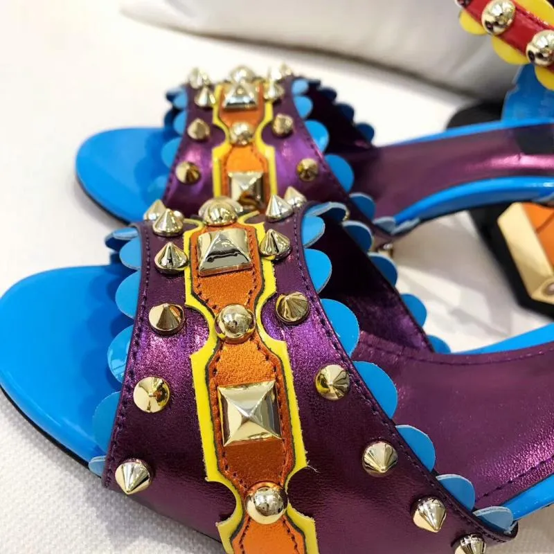 New Purple Designer Women Chunky High Heels Sandals Rivets Wedding Shoes Woman Comfortable Summer Genuine Leather Dress Shoes