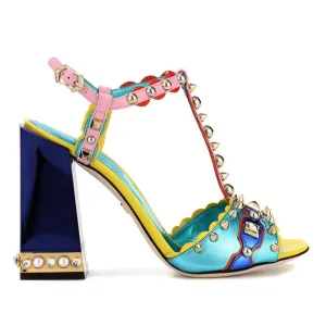 New Purple Designer Women Chunky High Heels Sandals Rivets Wedding Shoes Woman Comfortable Summer Genuine Leather Dress Shoes