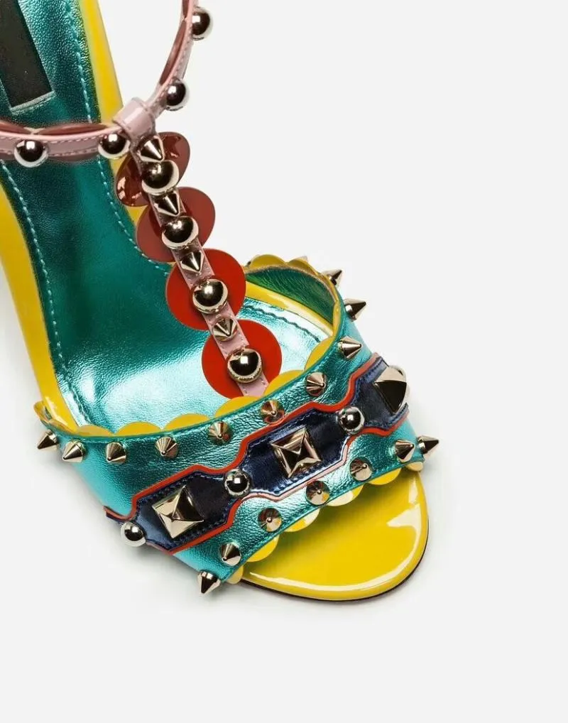 New Purple Designer Women Chunky High Heels Sandals Rivets Wedding Shoes Woman Comfortable Summer Genuine Leather Dress Shoes
