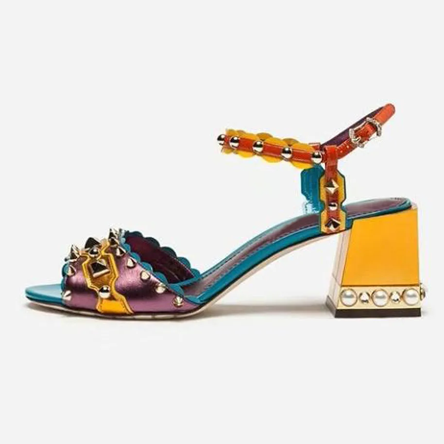 New Purple Designer Women Chunky High Heels Sandals Rivets Wedding Shoes Woman Comfortable Summer Genuine Leather Dress Shoes