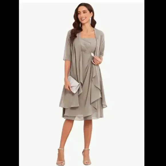 New Taupe Chiffon 2-Piece Formal Dress with Beaded Details - Size 22 Plus