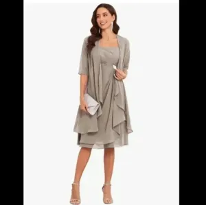 New Taupe Chiffon 2-Piece Formal Dress with Beaded Details - Size 22 Plus