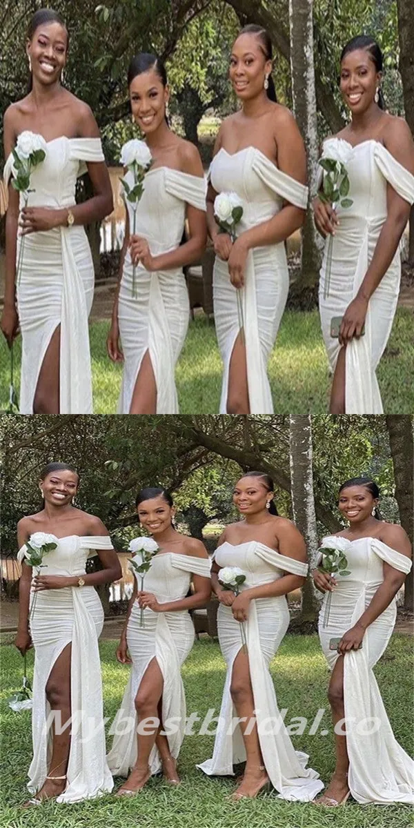 Off-shoulder Mermaid Pleats Side slit Elegant Simple Long Bridesmaid Dresses,BDS0202