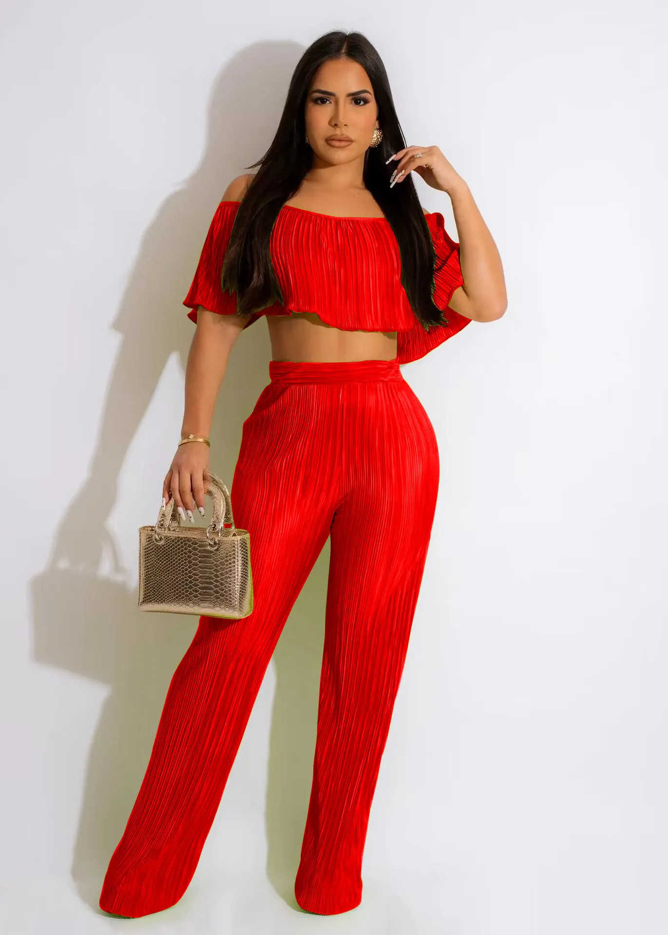 Off Shoulder Ruffled Crop Top & High Waisted Wide Leg Pants Set