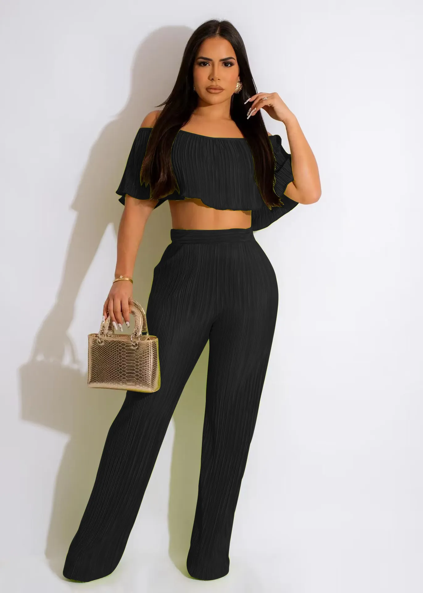 Off Shoulder Ruffled Crop Top & High Waisted Wide Leg Pants Set