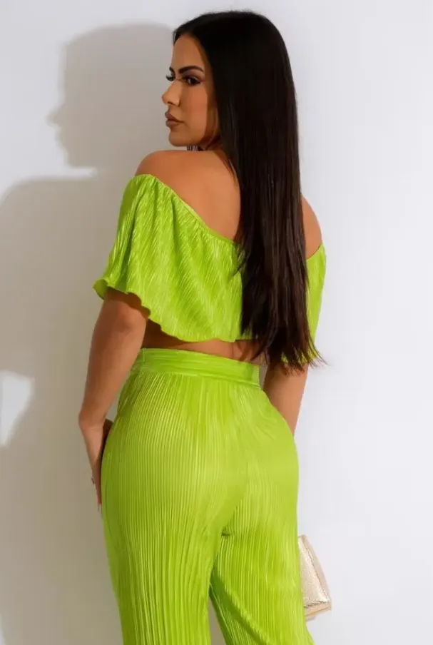 Off Shoulder Ruffled Crop Top & High Waisted Wide Leg Pants Set