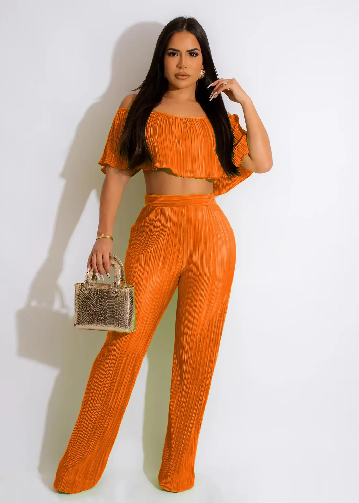 Off Shoulder Ruffled Crop Top & High Waisted Wide Leg Pants Set