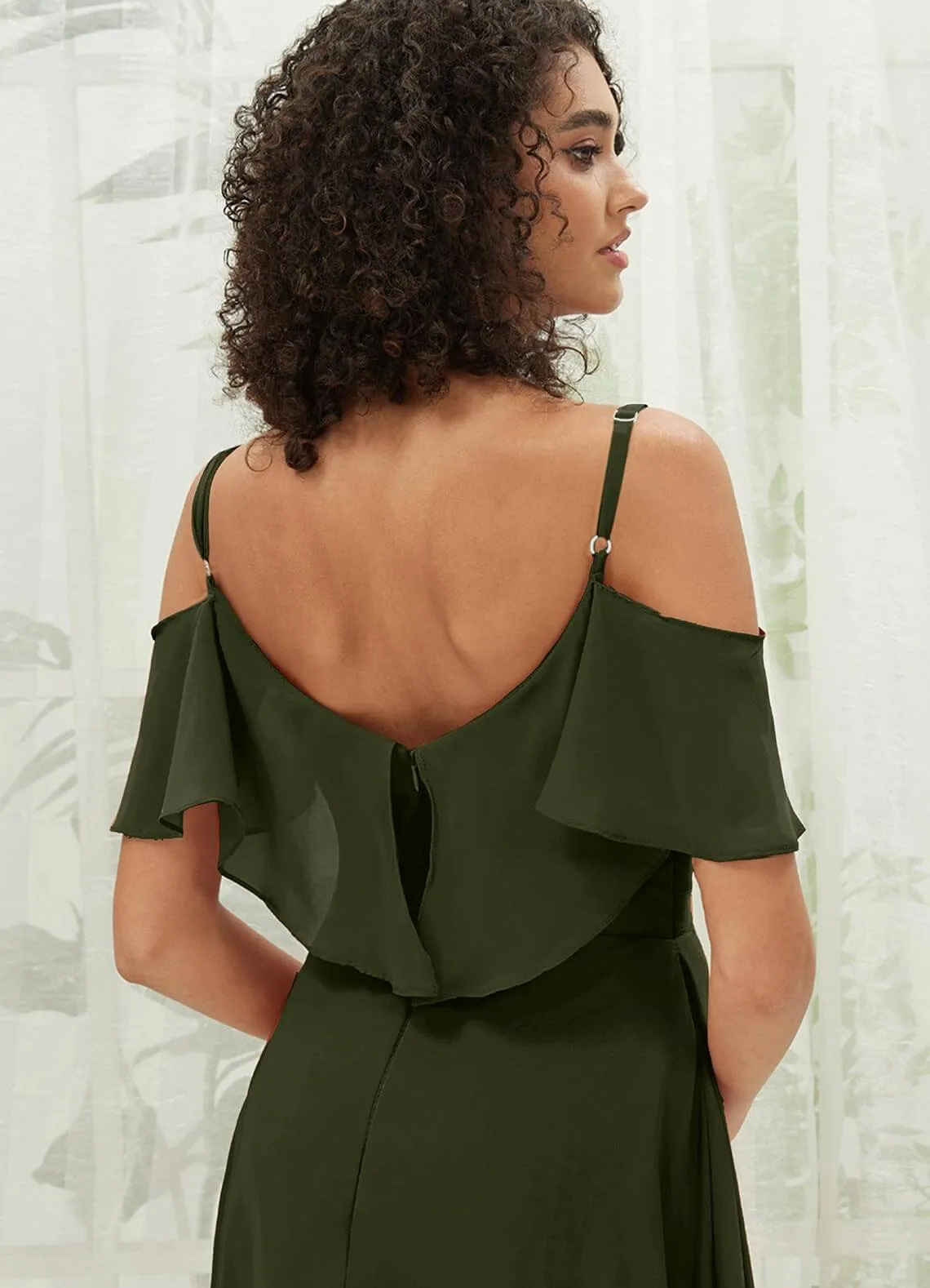 Olive Chiffon Ruffle Cold Shoulder Sweetheart Bridesmaid Dress