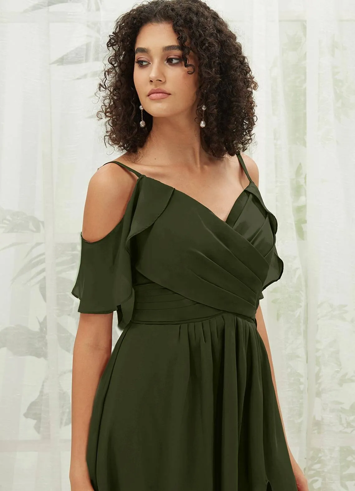 Olive Chiffon Ruffle Cold Shoulder Sweetheart Bridesmaid Dress