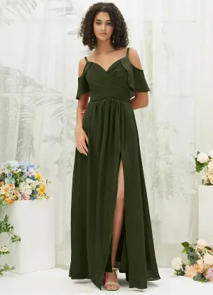 Olive Chiffon Ruffle Cold Shoulder Sweetheart Bridesmaid Dress