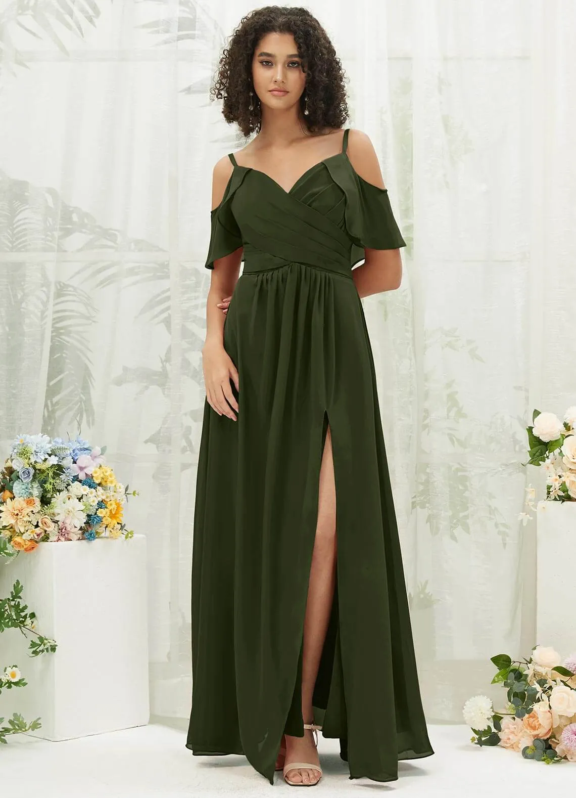 Olive Chiffon Ruffle Cold Shoulder Sweetheart Bridesmaid Dress