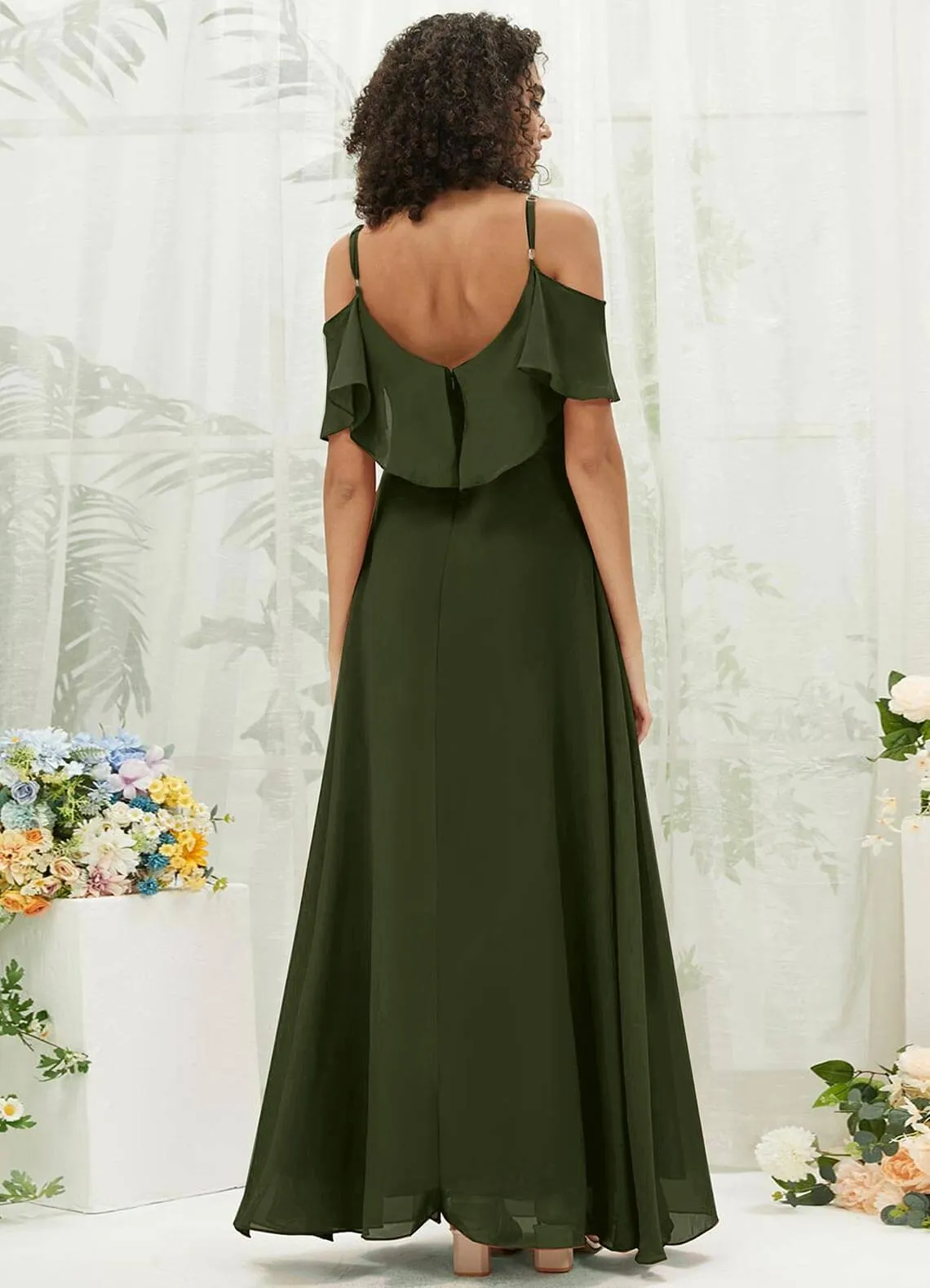 Olive Chiffon Ruffle Cold Shoulder Sweetheart Bridesmaid Dress