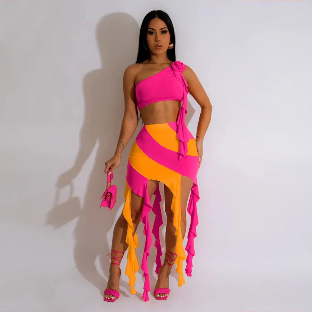 One Shoulder Crop Top and Tassel Skirt Set